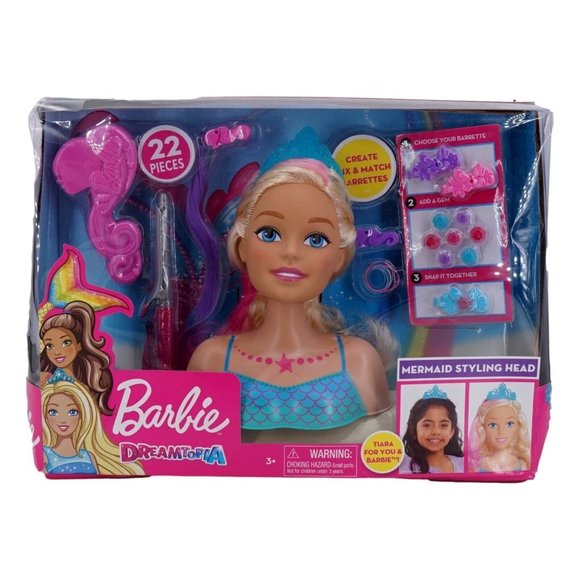Barbie Dreamtopia Tête à Coiffer Sirène – 22 Pièces, Cheveux Blonds Et Roses, Diadème Et Accessoires, Dès 3 Ans